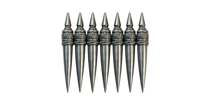 Seven Ornate Metal Spikes In A Row. Decorative Elements For Fencing Or Architecture Isolated On Transparent Background