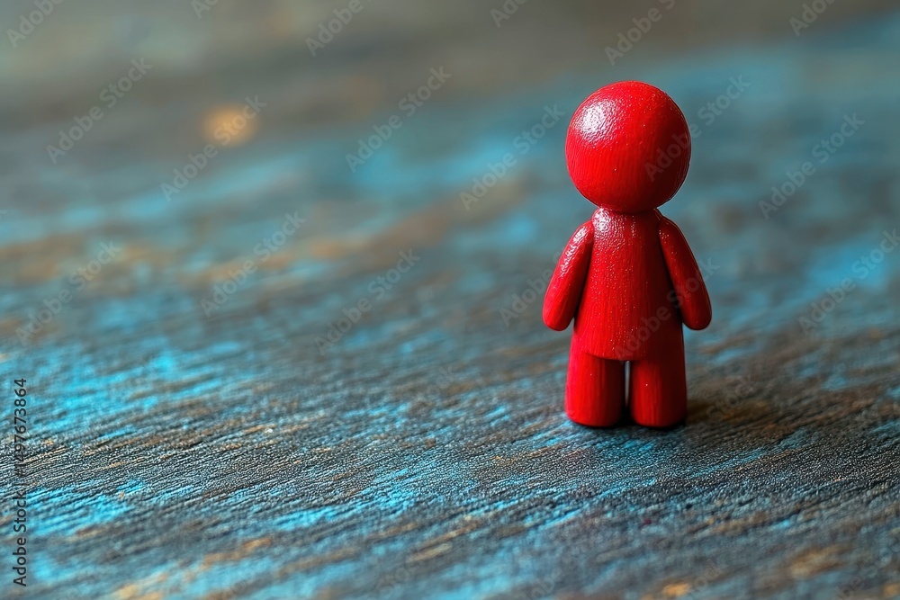 Poster small red figure standing alone on a textured wooden surface with a blurred background creating a se