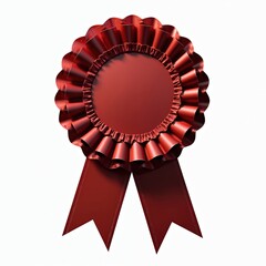 Isolated red ribbon award banner on white background. Shiny rosette badge, symbol success and achievement. Winner prize concept. Best choice, quality emblem for contests and competitions, certificate.