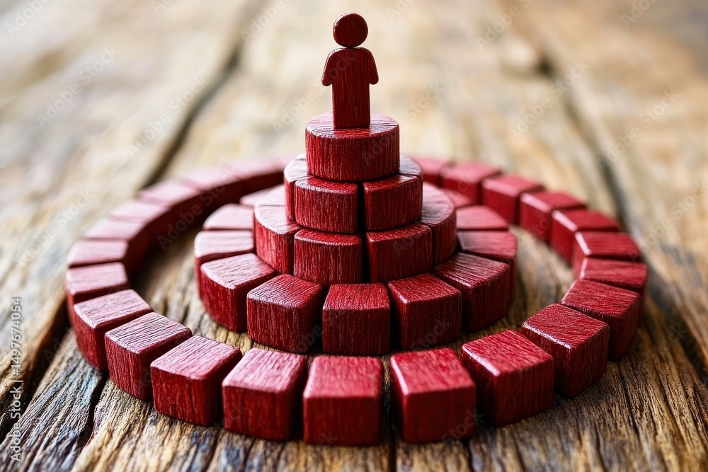 Poster abstract representation of leadership, hierarchy, and progression using red wooden blocks, depicting