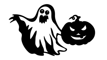 Silhouette of halloween ghost holding a jack-o-lantern pumpkin