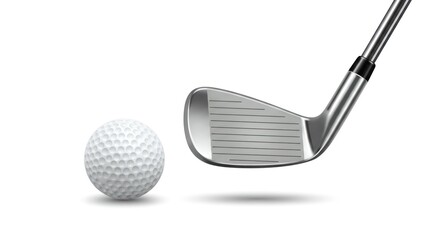 Golf ball and iron club ready for a shot on a white background.