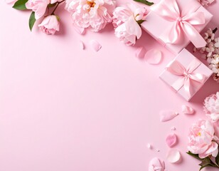 薄いピンクの背景にプレゼントと花びらのあしらい