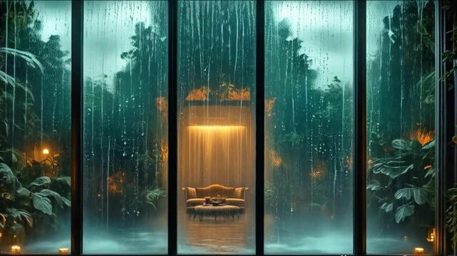 raindrops that are outside. dew and water are clearly visible on the window glass. - Powered by Adobe