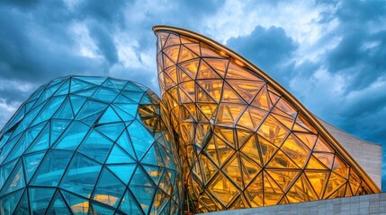 Modern glass architecture at dusk, geometric design.