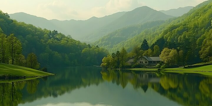 A scenic view of a lake surrounded by lush green mountains and a house on the shoreline reflecting - Powered by Adobe