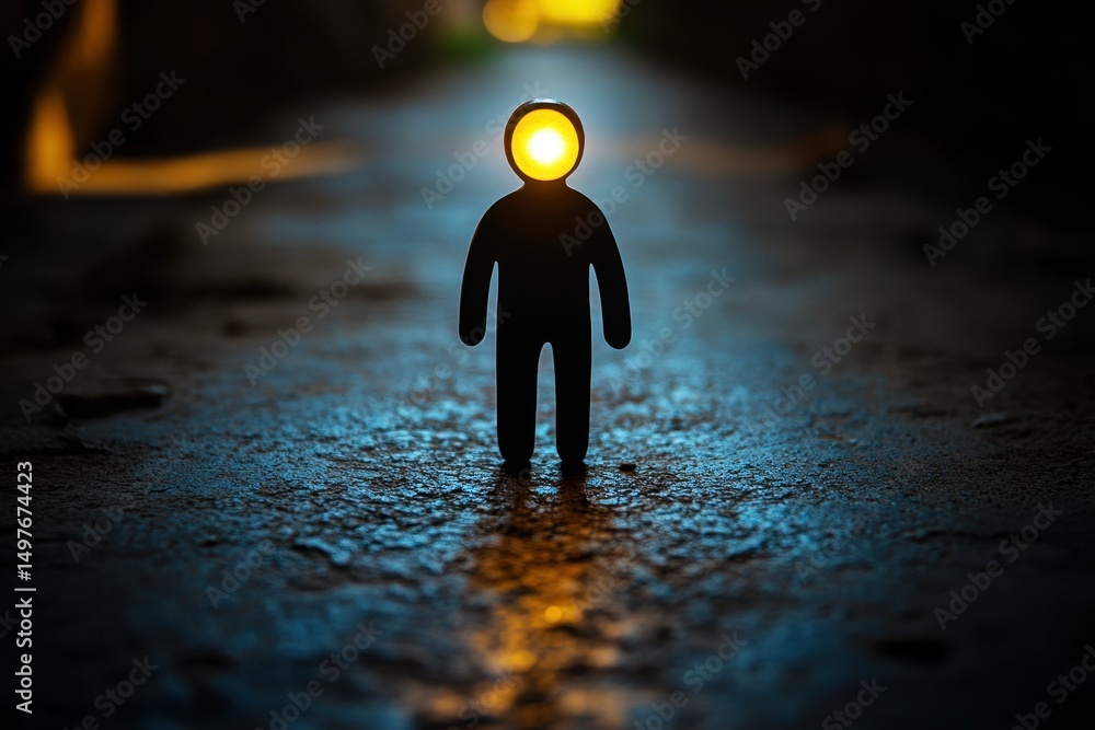 Poster silhouette of a toy figure with a bright light inside on reflective surface in a darkened pathway su