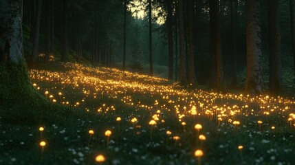 Illuminated forest floor at night