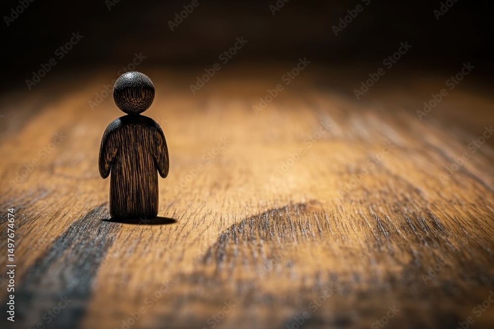 Poster wooden figure isolated on wooden table surface in soft focus background showcasing simplicity and mi