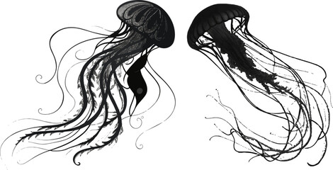Realistic Jellyfish Silhouette Set - Underwater Sea Life Vector © Rezowan 