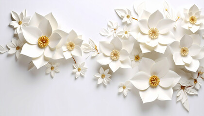 White flowers on soft paper background, minimal floral composition for elegant design