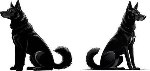 Sitting Black German Shepherd Dog Silhouette - Loyal Canine Vector Set