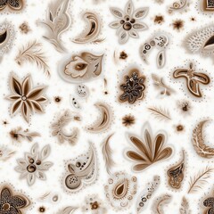 This high-resolution paisley pattern showcases intricate black and brown designs on a clean white backdrop perfect for various uses SEAMLESS PATTERN