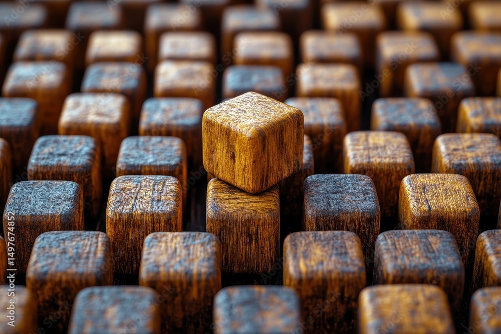 Poster close-up of textured wooden cubes arranged in an abstract pattern highlighting one distinct cubic sh