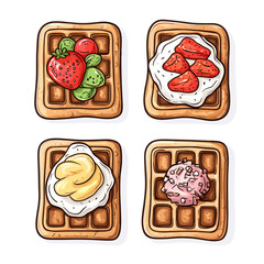Waffle with whipped cream set of waffles with fruit, syrup, honey and ice cream on a white background