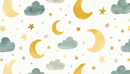 Watercolor seamless pattern with moons stars clouds. Dreamy nursery decor textile design. Baby shower background, wrapping paper, kids design, baby room wallpaper. Pastel colors.