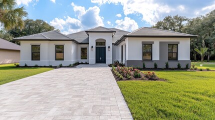 Fototapeta premium Charming open house with vibrant flower beds and inviting entryway on a sunny day, perfect for prospective homeowners