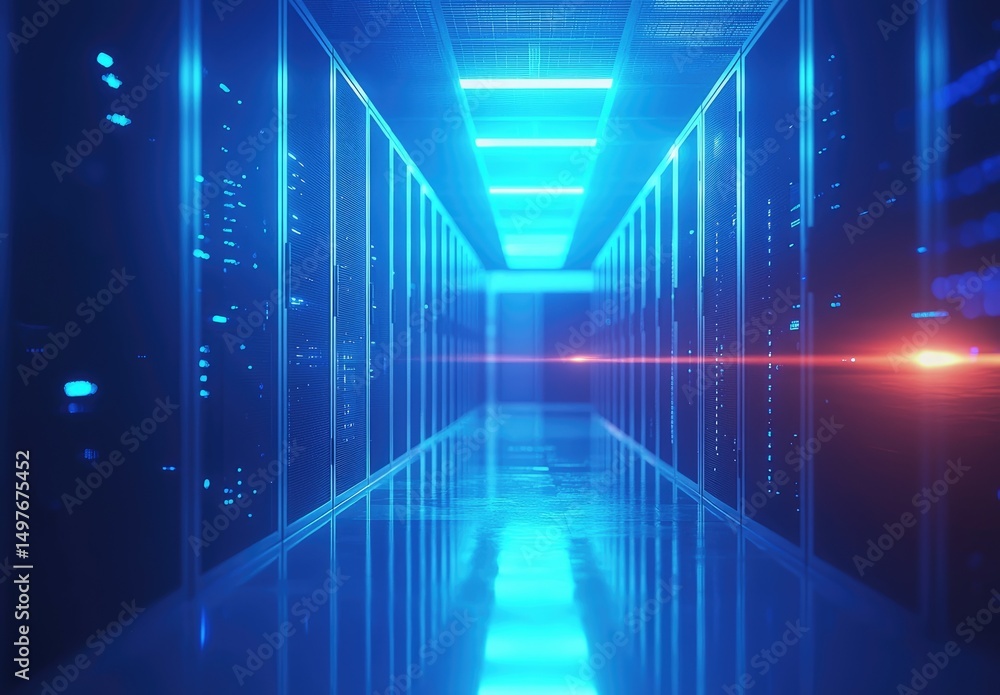 Leinwandbilder futuristic server room corridor bathed in blue light with glowing infrastructure, suitable for cloud