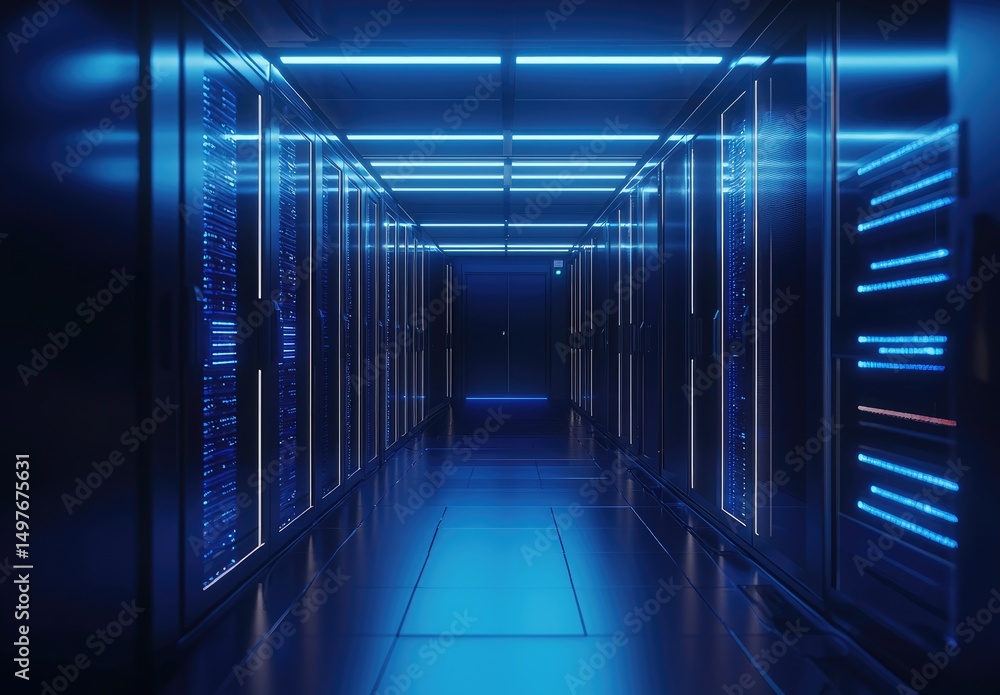Poster Dark data center corridor illuminated by blue LED lighting with high-tech server racks, perfect for IT infrastructure visuals, cybersecurity themes, and cloud service ads