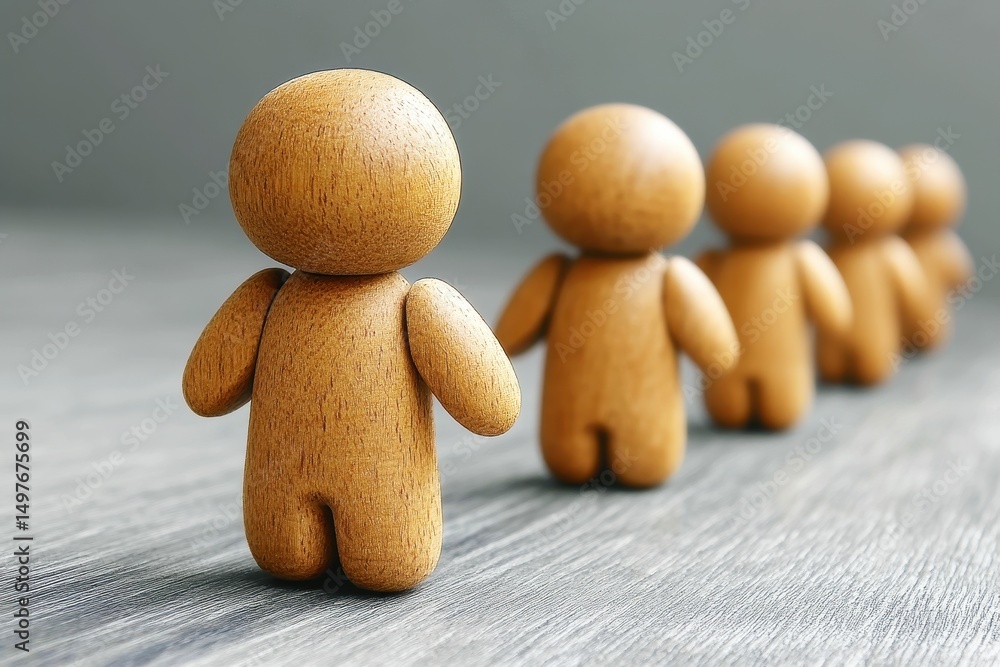 Aufkleber wooden figures representing teamwork and collaboration with a blurred group in the background symbol
