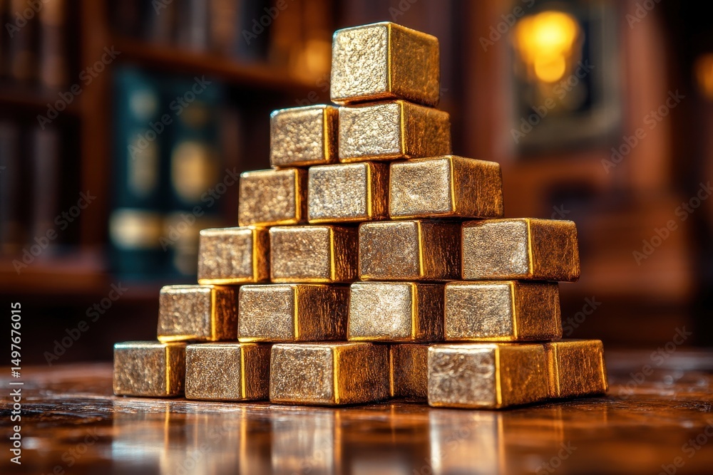 Poster glimmering gold bars stacked in a pyramid shape on a polished wooden table in an elegant library set
