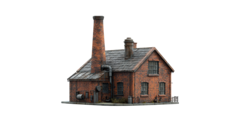 Brick Industrial Building Model With Chimney. Architectural Design And Historical Industry Representation Isolated On Transparent Background