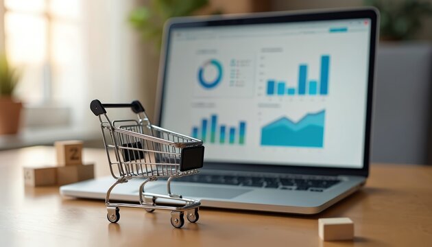 Shopping cart with laptop showing business charts. Ecommerce, digital marketing online courses, business school training on screen. Data analytics, financial report, e-commerce analytics, online