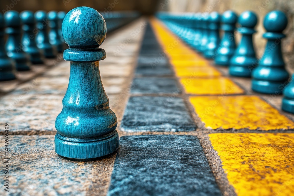 Poster focus on a single blue chess pawn surrounded by rows of chess pieces on a colorful cobblestone pathw