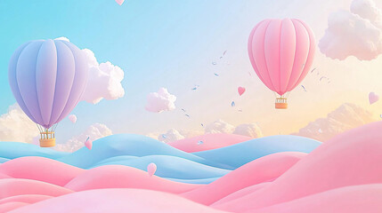 Cute cartoon vector background featuring pastel pink sky with clouds and hot air balloons, flat ocean waves below, in minimalistic style with high detail and no shadows or text.