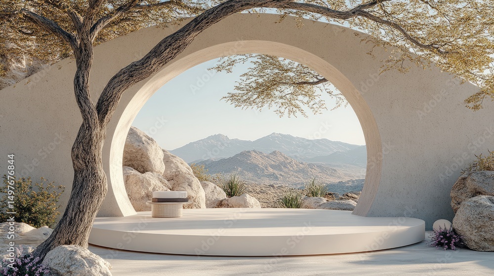 Poster a podium for product presentation features a minimalistic scene with a rock and tree, inviting a bri