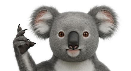 Koala raising a finger on a white background.