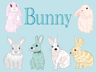 Various cute bunnies on a blue background.