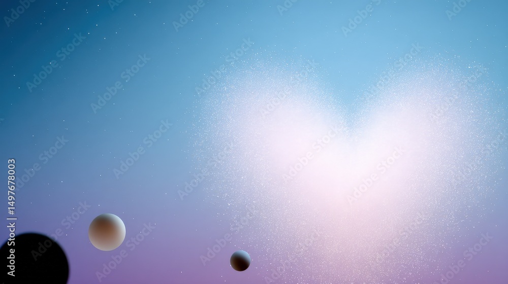 Aufkleber an artistic representation of a heart shaped design in soft colors, featuring floating spheres and a