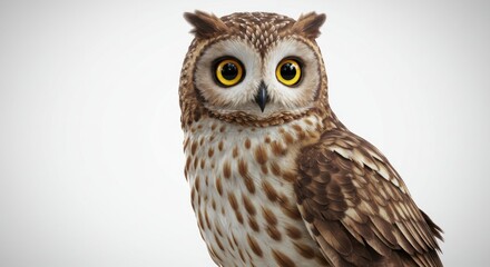 Naklejka premium Owl portrait on white background with brown and white feathers looking forward.