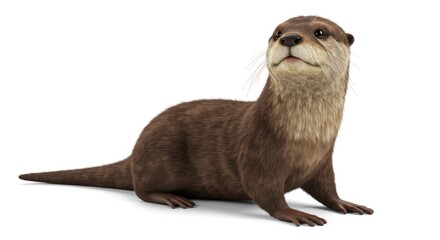 Otter standing on a white background looking forward with brown and tan fur.