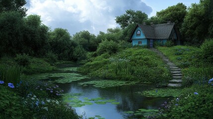 Obraz premium Picturesque cottage by a serene river in a lush forest