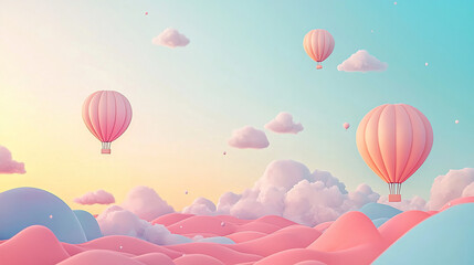 Cute cartoon vector background featuring pastel pink sky with clouds and hot air balloons, flat ocean waves below, in minimalistic style with high detail and no shadows or text.