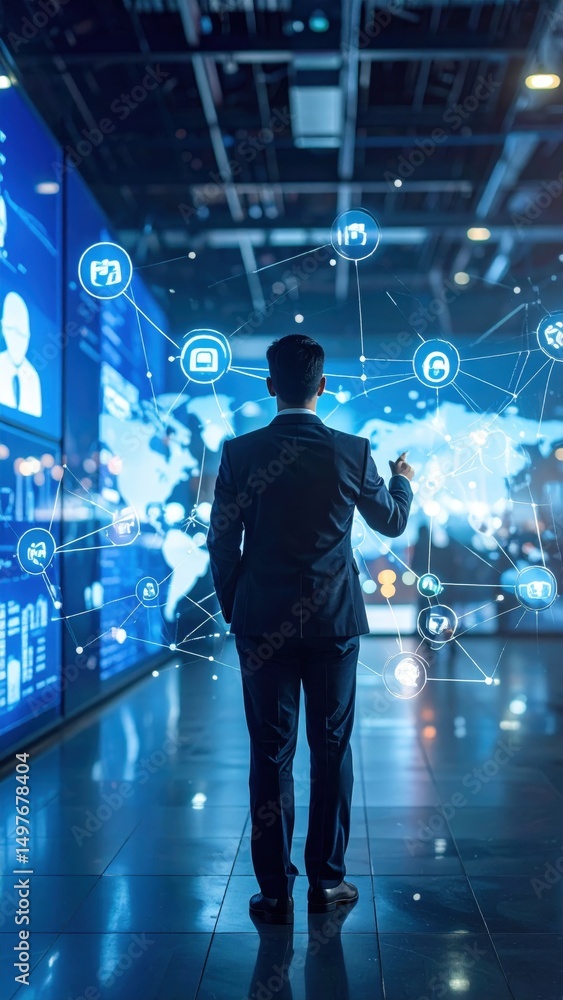 Poster businessman interacts with a futuristic digital interface displaying global data, illuminated in sha
