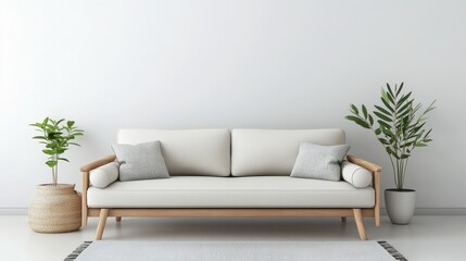 Minimalist Living Room Cream Sofa, Wooden Frame, Neutral Palette, Plant Decor, 3D Render minimalism, interior design