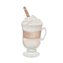 Latte mug with a waffle stick. Watercolor illustration on white background. Cozy and sweet coffee-themed art for menus, prints, and decor