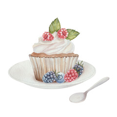 Cupcake with raspberries, blackberries, cream and green leaves on saucer. Watercolor illustration of sweets. Hand drawn, isolated on a white background. For printmaking, kitchen, textiles, holidays