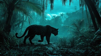 Jaguar stalking in moonlit jungle.