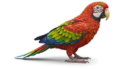 Red macaw parrot with green and blue wings stands on a white background.