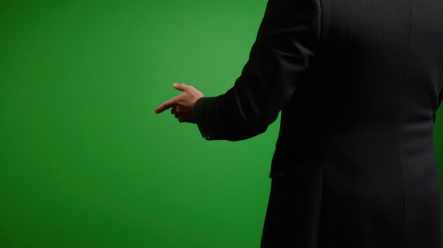 A man in a suit pointing to the left on a green screen background. 