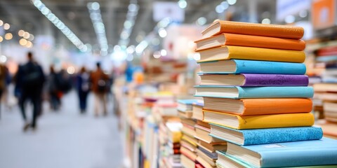 A stack of colorful books is displayed at a busy indoor book fair or exhibition with people in the background.