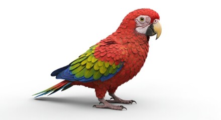 Colorful parrot standing isolated on white background.