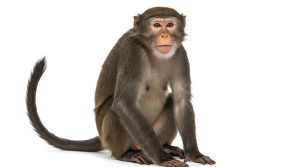 Monkey sitting on a white background looking at the camera with a tail.