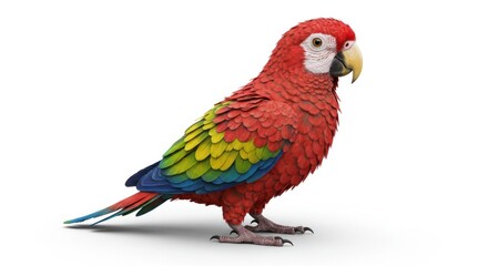 Obraz premium A red parrot with yellow and green wings stands on a white background.