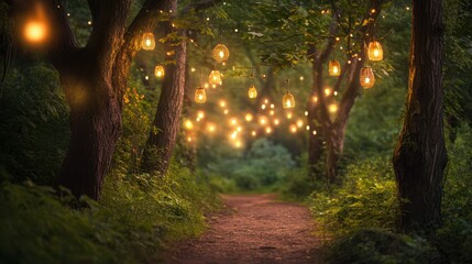 A magical forest path illuminated by hanging lanterns.