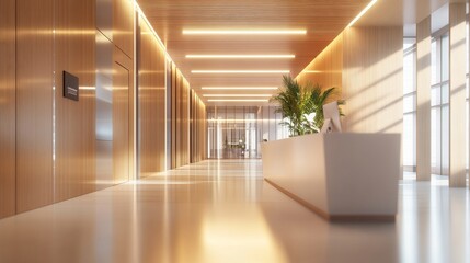 Modern Office Corridor Long Exposure, Wooden Walls, Minimalist Reception, Architectural Visualization, Interior Design Architectural Photography, Office Space